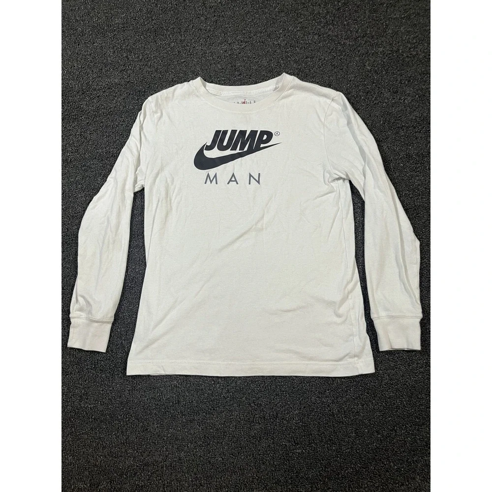 Jordan Boys White Jumpman Nike Swoosh Long‎ Sleeve Graphic T-Shirt Size L 12-13Y